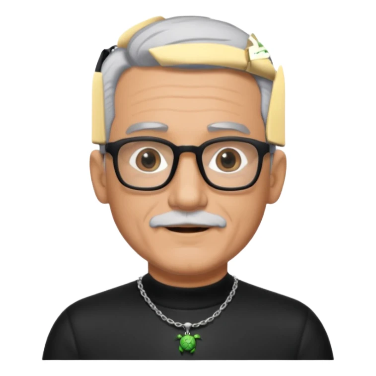Tony Barceló is a large, strong, lively man in his 70s with short, neatly combed gray hair and a trimmed goatee. He has a broad round face, square glasses, and a confident presence. He wears a black outfit with a silver turtle necklace, reflecting his thoughtful, creative energy as a writer. sticker