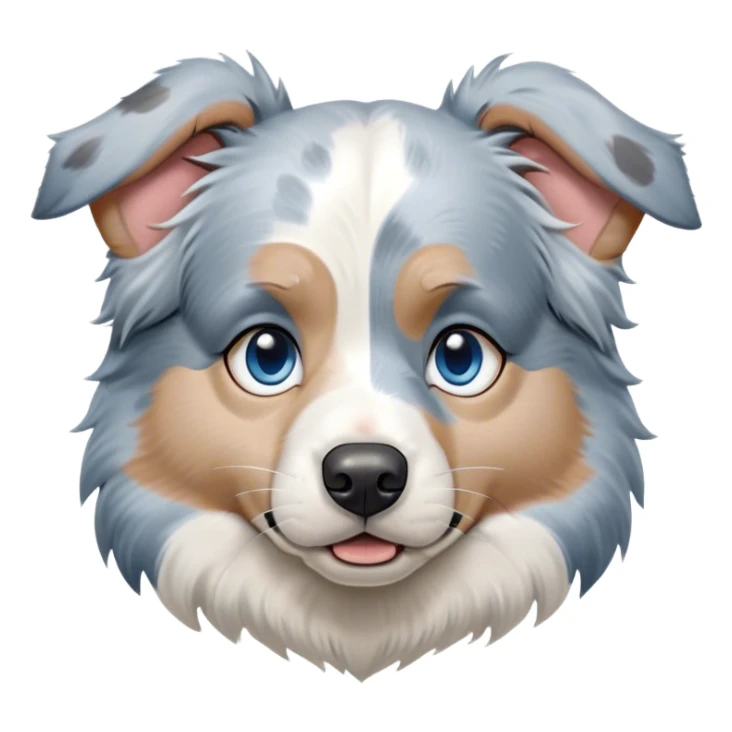Cinematic Grumpy Blue Merle and White Australian Shepherd Portrait Emoji, Head tilted slightly with a deeply unimpressed expression, thick blue merle fur with crisp white markings, large, droopy blue eyes narrowed into an unamused glare, ears slightly drooping in exasperation, Simplified yet comically expressive features, highly detailed, glowing with a dry, sarcastic glow, high shine, effortlessly judgmental yet dignified, stylized with a touch of cynicism, bright but brooding, soft glowing outline, capturing the essence of an eternally unimpressed yet endearing pup, so lifelike it feels like it could sigh heavily at you in disdain at any moment! sticker
