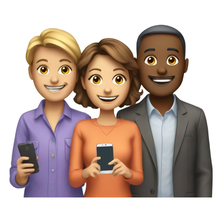 group with three happy person with a smartphone showing charts sticker