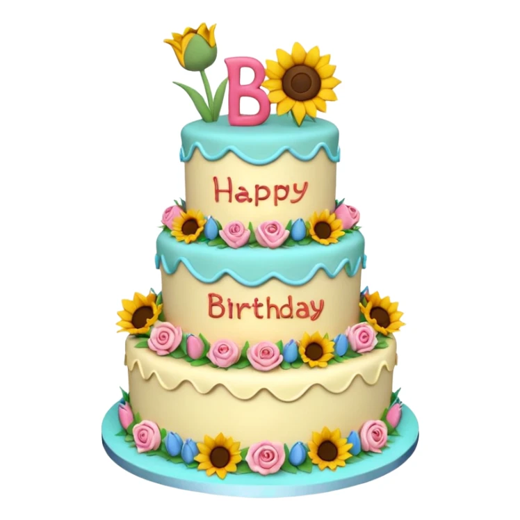 A large three teir cake with top layer decorated with roses, middle with Sunflowers and bottom layerwith Tulips and Happy Birthday Dear written on top. sticker