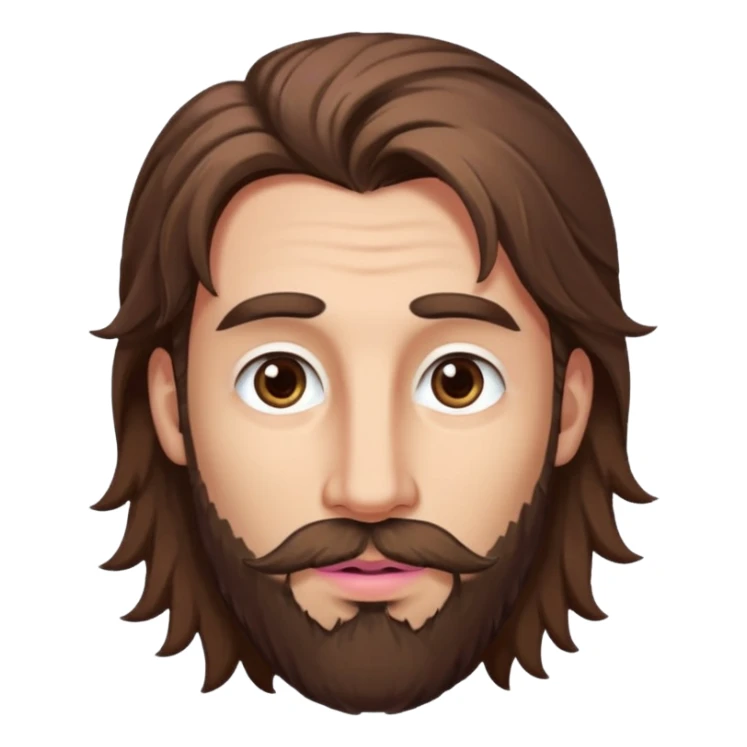 Handsome white man with big brown eyes thin pink lips long nose and long brown messy hair brown patchy beard sticker
