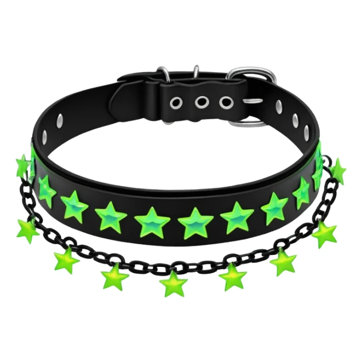 black iridescent thick plastic embroidered collar with neon-green stars and lime-green chains on it   sticker