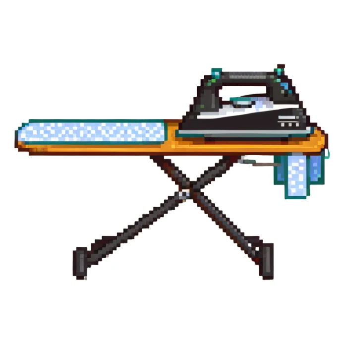 An ironing board with a clothes iron on it sticker
