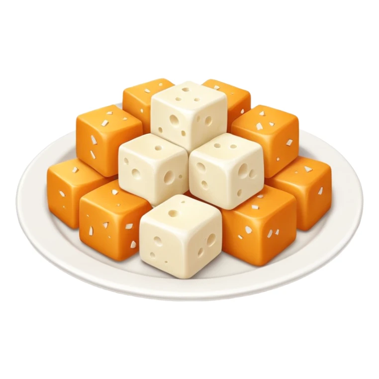 feta cheese cubes object icon, white cheese pieces on a small plate, 3D cartoon, mobile game icon style, clean background, no text, no watermark
 sticker