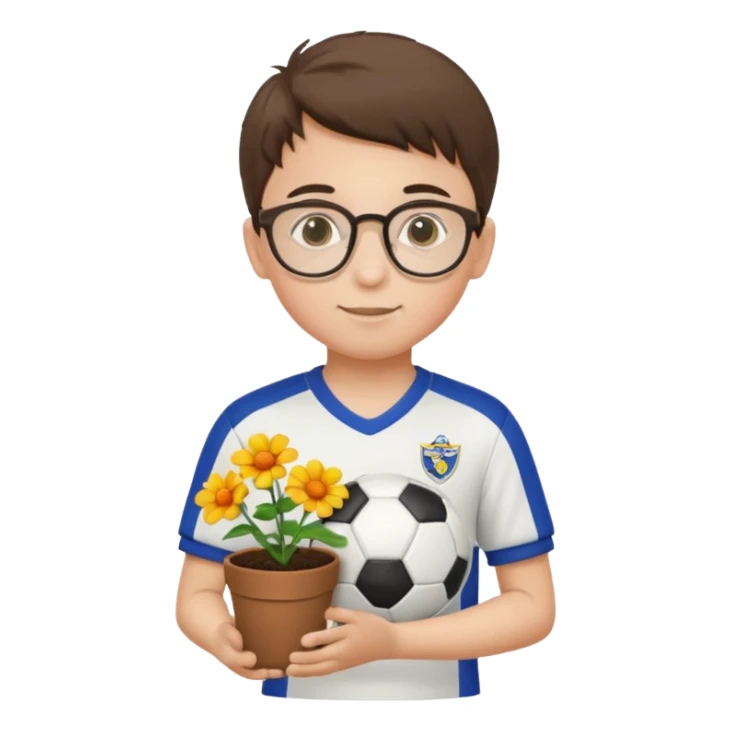 young boy wearing glasses, wearing soccer uniform, holding a flower pot sticker