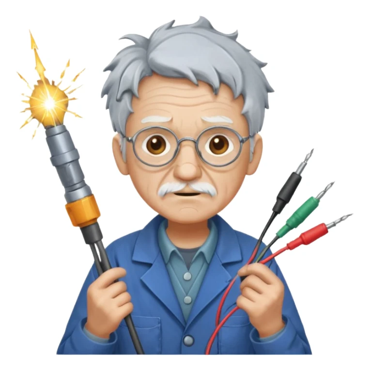 A scatteredbrained old tinkerer with messy workshop coat, holding sparking wires.
 sticker