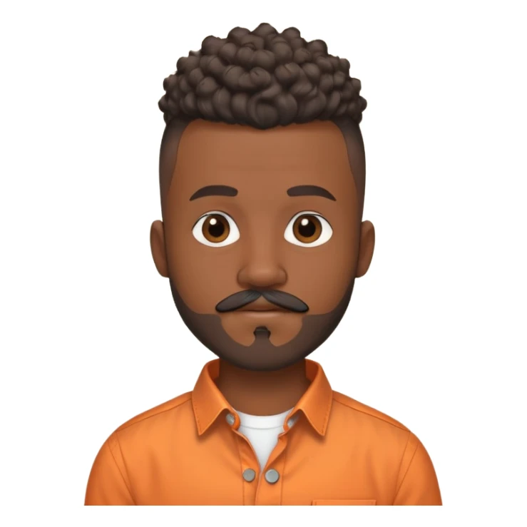 i need a black man with a mohawk in the center and a blad from sides and a beard and a moustache be should be wearing an orange button up shirt with no collar and a round neck and he should be balck and the hairs should be curly sticker
