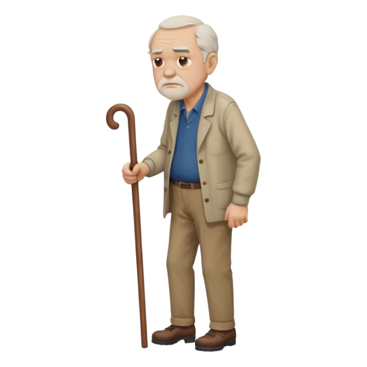 Old man leaning on a walking cane and holding his crancky back with his hand, grumpy face, detailed. Side view with the man going right sticker