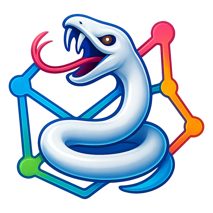 Transform the image into a 3D, colorful logo featuring a white snake weaving through digital network lines. Use vibrant colors and make it shiny and dimensional, inspired by the reference image. sticker