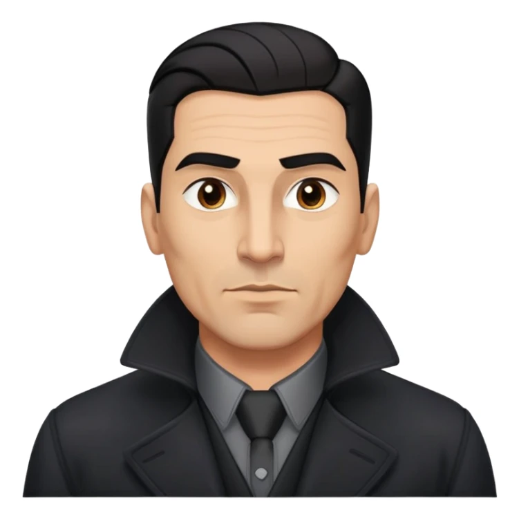 Athletic Hispanic man in his 40s-50s with light brown skin, short straight black hair slicked back with fade on sides, square face with strong jawline, thick eyebrows, wide nose, wearing black overcoat with gray buttoned shirt underneath sticker