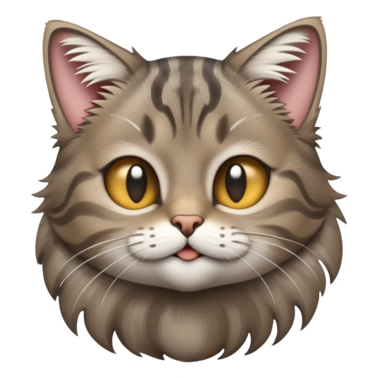 cinematic-[grey brown tabby cat]-realistic-emoji,-tail-curled-playfully-around-its-paws,-head-tilted-dramatically,-scruffy-[grey]-fur,-simplified-yet-realistic-focused-features,-highly-detailed,-glowing-with-an-almost-sarcastic-glow sticker