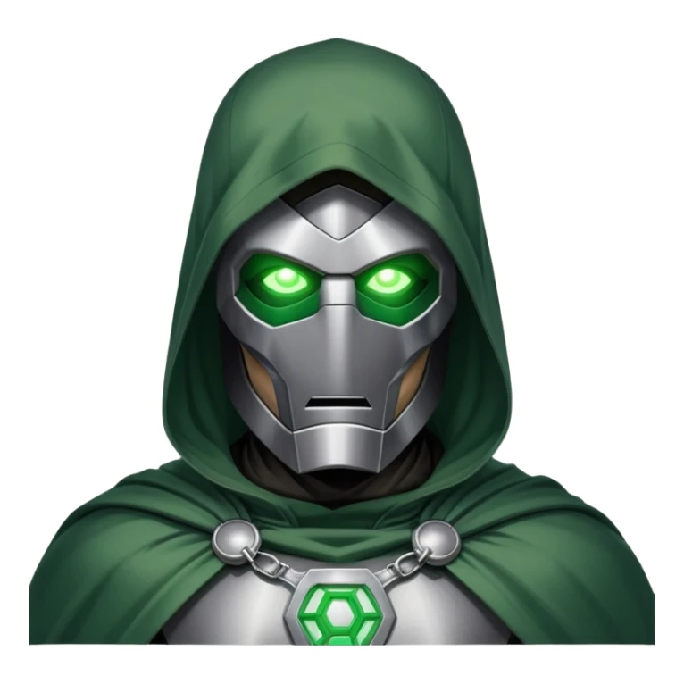 Doctor Doom standing with glowing green eyes visible through his metal mask, wearing green cloak sticker