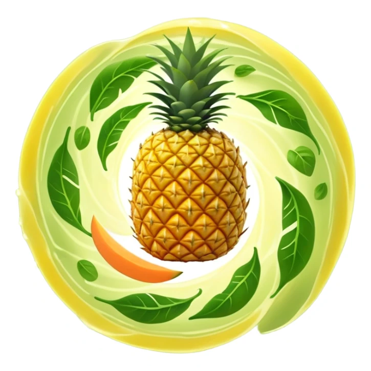 Golden pineapple slices, translucent papaya pieces, and green sprouts floating in a gentle spiral around a luminous stomach, with flowing light lines swirling like whirlpools, representing light, clean, and vibrant digestion. The foods emit a soft glow showing their enzymatic properties. sticker