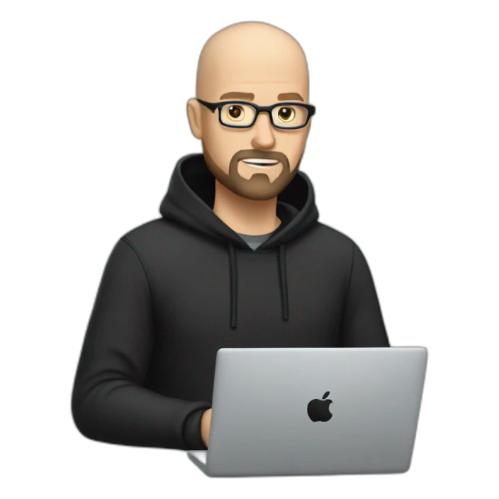 bald white man with glasses and a black beard typing on apple computer wearing a black hoodie sticker