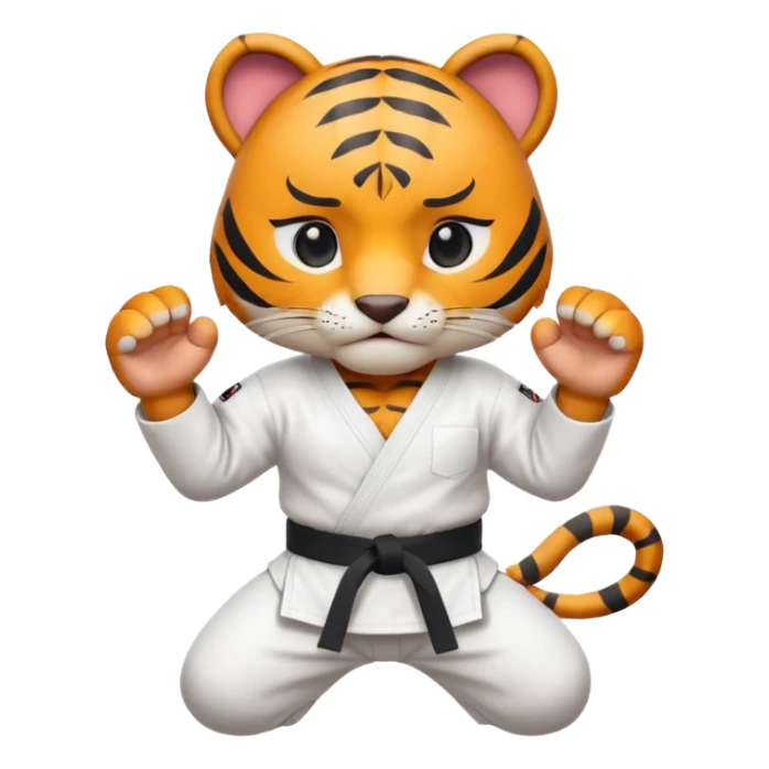 cute tiger doing karate portrait, head and shoulders only, wearing white gi uniform, black belt visible, fierce expression, 3D cartoon, mobile game icon style, clean background, no text, no watermark
 sticker