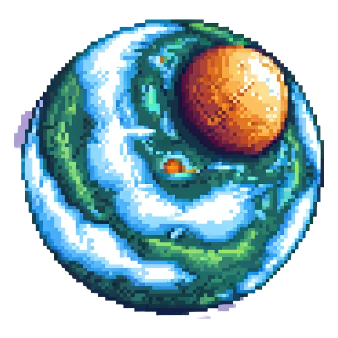 high resolution pixel art planet inspired by Jupiter, photorealistic details, swirling clouds, space background sticker