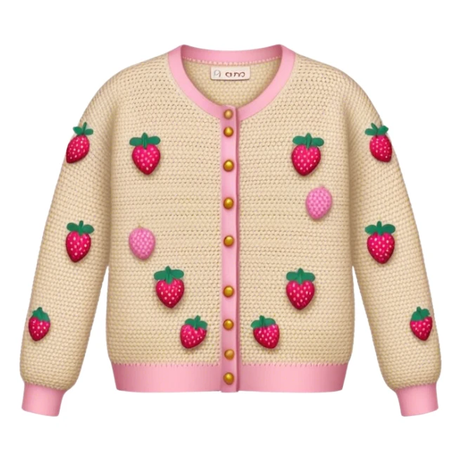 beige crocheted cardigan embroidered with small pink strawberries sticker