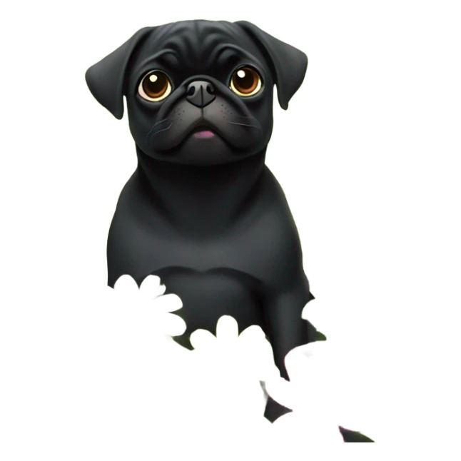 Black pug , surrounded by flowers, holding a green sign that says “good luck”  sticker