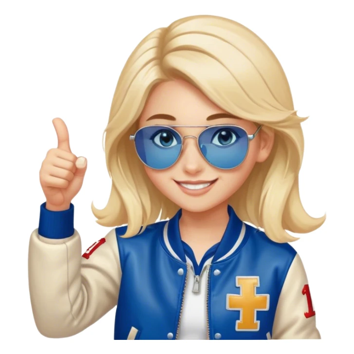 smiling girl in letterman jacket Blue eyes thumb up, Name is Tini, sunglasses in hair sticker