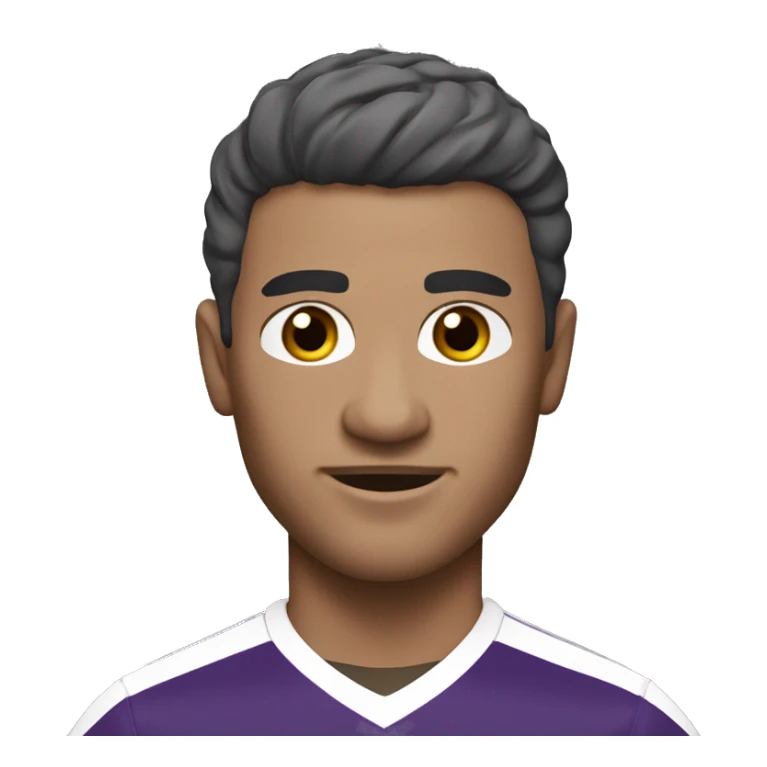 49 y-o soccer player, short hair, small central crest "salt and pepper", dark stubble, subtle rounded face, brown eyes, black and purple jersey sticker