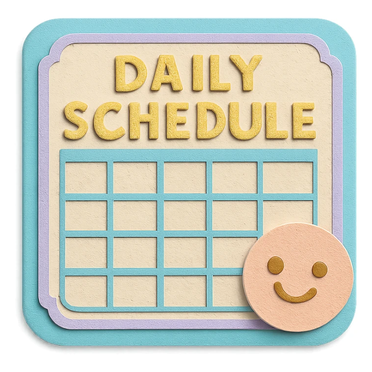 soft pastel minimal daily schedule grid with cute borders, with a smiling face in the corner sticker