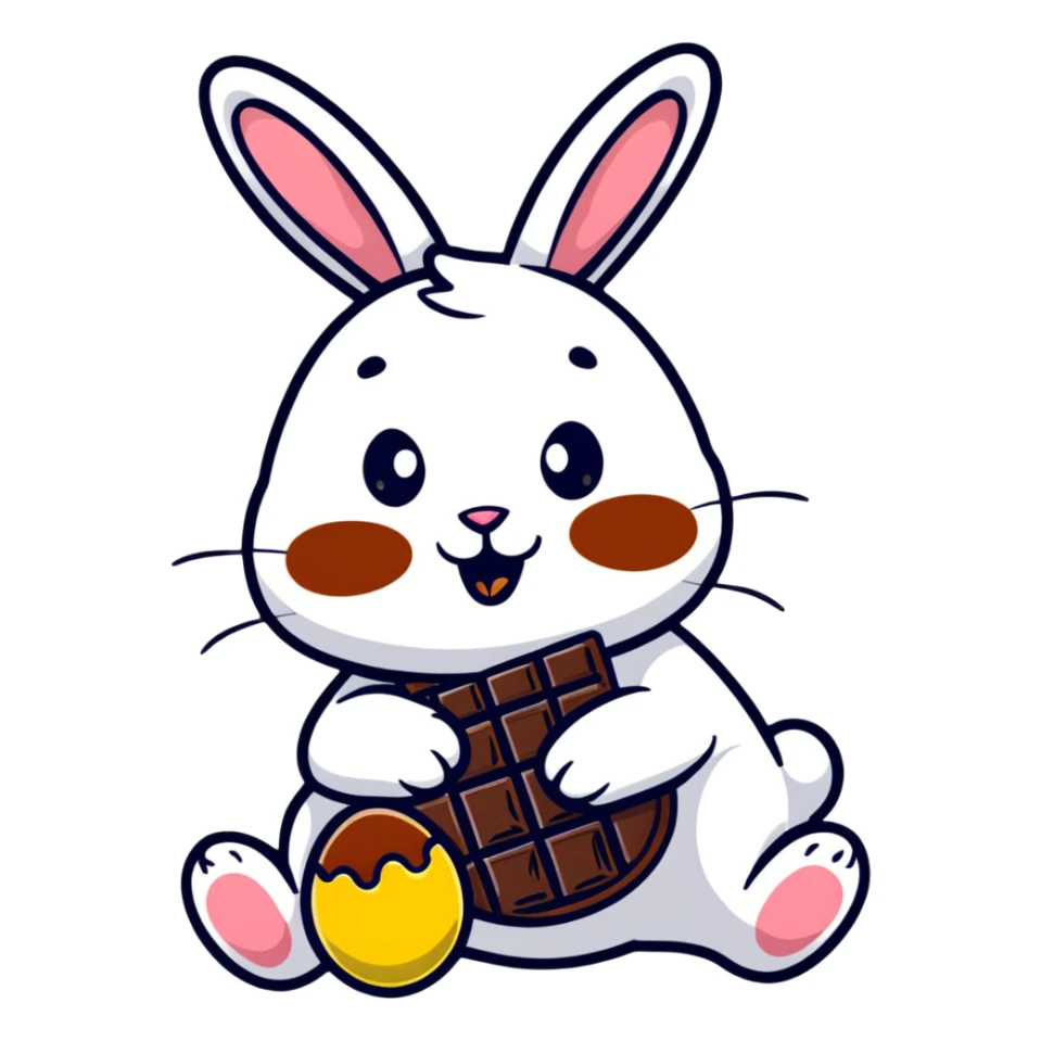 Easter bunny with chocolate smeared on face eating chocolate sticker