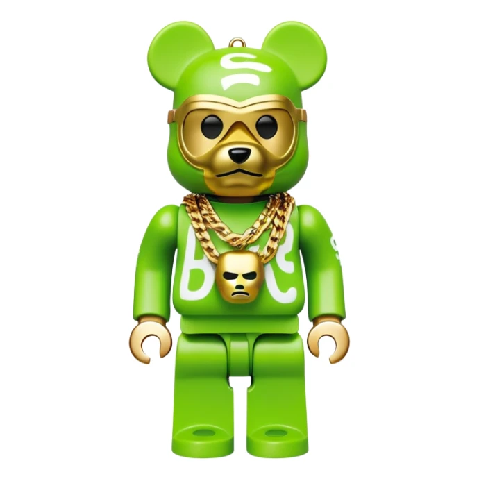 classic bearbrick figure with lime green mask covered in chaotic brand logos, wearing several large gold chains, gold pendant, rapper style accessories, expressive eyebrows sticker