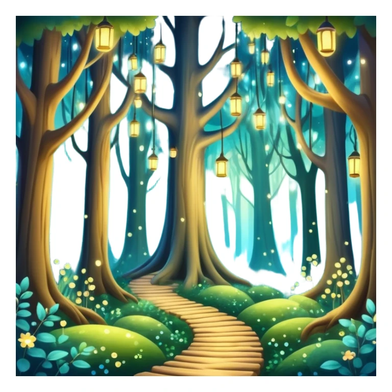 enchanted forest with tall trees, sparkling lights, whimsical atmosphere sticker