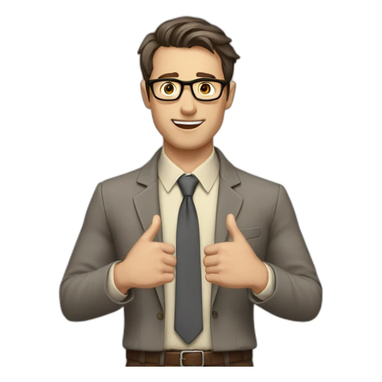 To belt Actively gesturing with hands Pale skinned fit man with dark brown hair in gray jacket, beige office shirt, brown tie, brown pants and vintage glasses. sticker