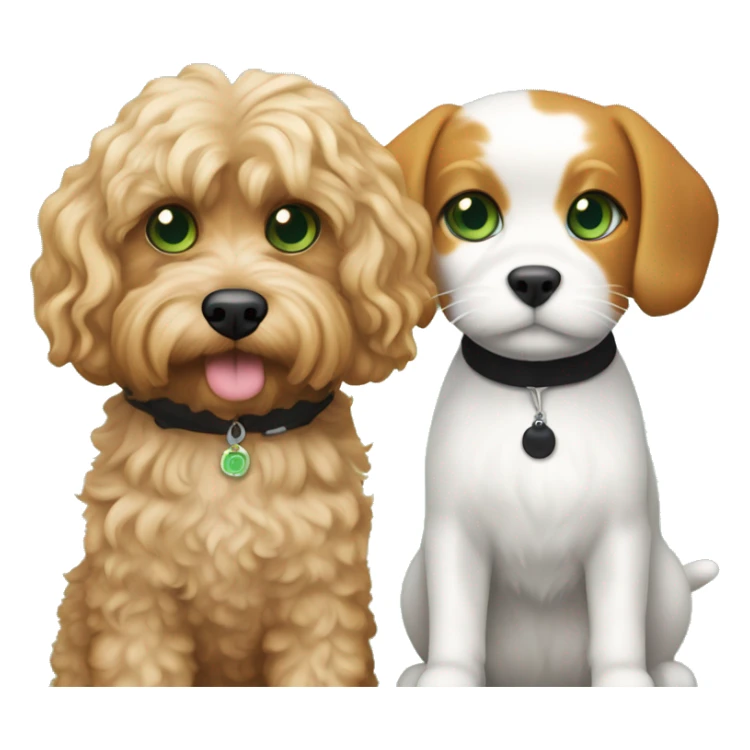 a blond apricot colored cavapoo standing next to a calico cat with a mix of black, orange, and white fur, green eyes sticker