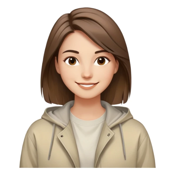 smiling face with soft straight brown hair swept to one side, warm and creative eyes, wearing neutral-toned aesthetic clothing including light oversized jacket and artistic tee, expression conveys positive energy style and originality sticker
