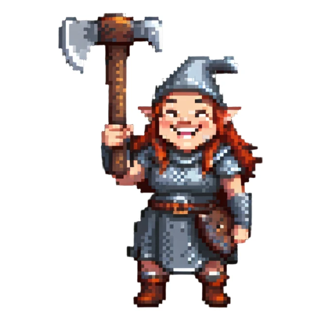 laughing female dwarf from Lineage 2 game character with axe sticker