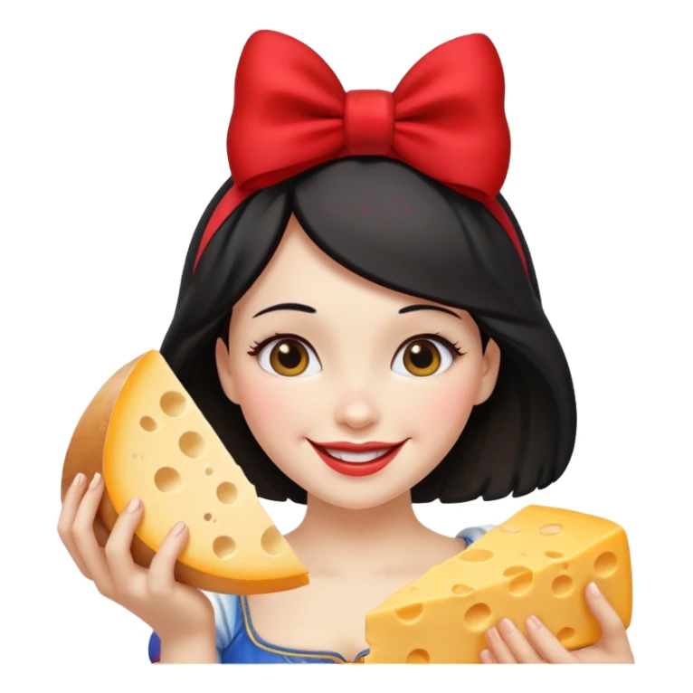  smiling Snow White with red bow ob head holding wedge of cheese sticker