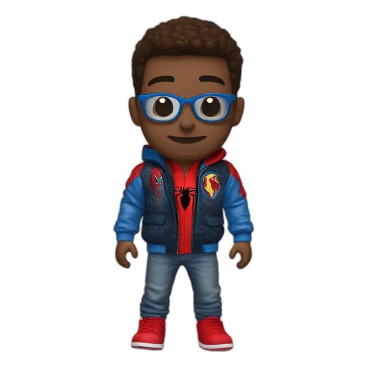 Boy waring spider man jacket and waring white jordan 4 sticker