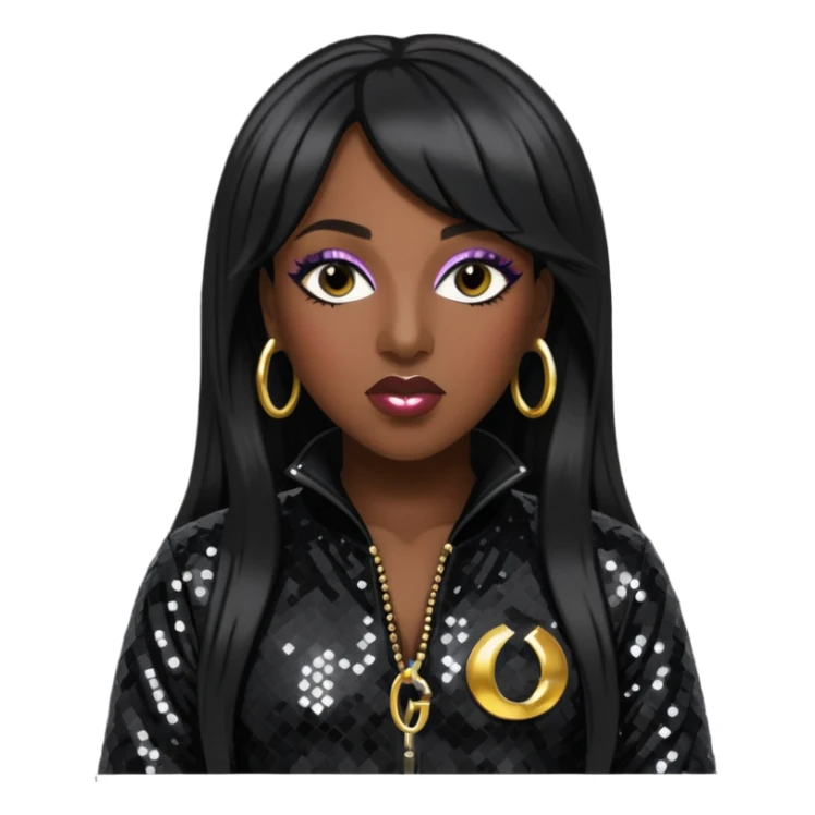Missy Elliott with long black hair, black sequin outfit sticker