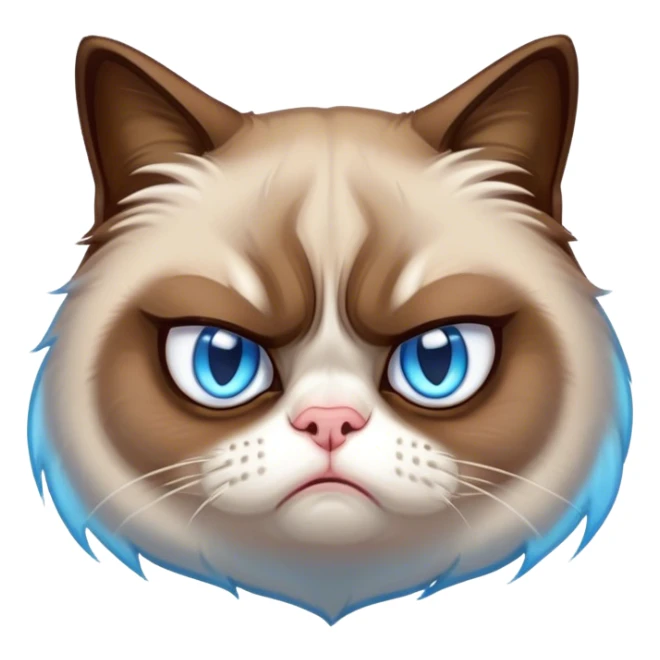 Cinematic Meme-Worthy Grumpy Cat meme Portrait Emoji, Head held high but eyes filled with dramatic disappointment, soft brown fur , white paws planted firmly in defiance, signature grumpy cat frown perfectly etched on its face, icy-blue eyes radiating pure disapproval, Simplified yet hilariously over-exaggerated features, highly detailed, glowing with an aura of supreme annoyance, high shine, exhausted yet judgmental, stylized with an almost regal pettiness, bright but brooding, soft glowing outline, capturing the essence of a feline that has seen it all and is thoroughly unimpressed, so meme-worthy it feels like it could instantly become the next viral sensation of grumpiness! sticker