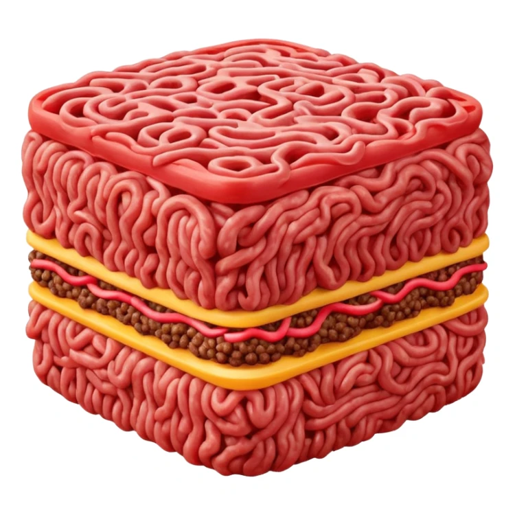 raw ground beef, vivid red, dense compact, visible strands, moist fresh, no patty, no garnish, herbs, plate, or extras, soft lighting, emoji scale sticker