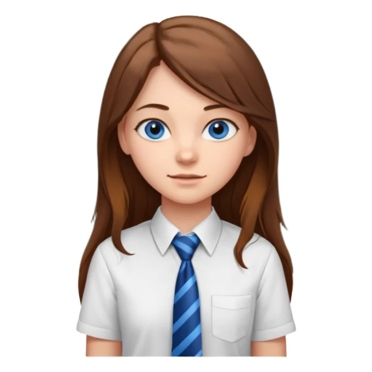 high school class room with a blackboard, with a pretty female high school student with long brown hair, blue eyes, wearing a tie sticker