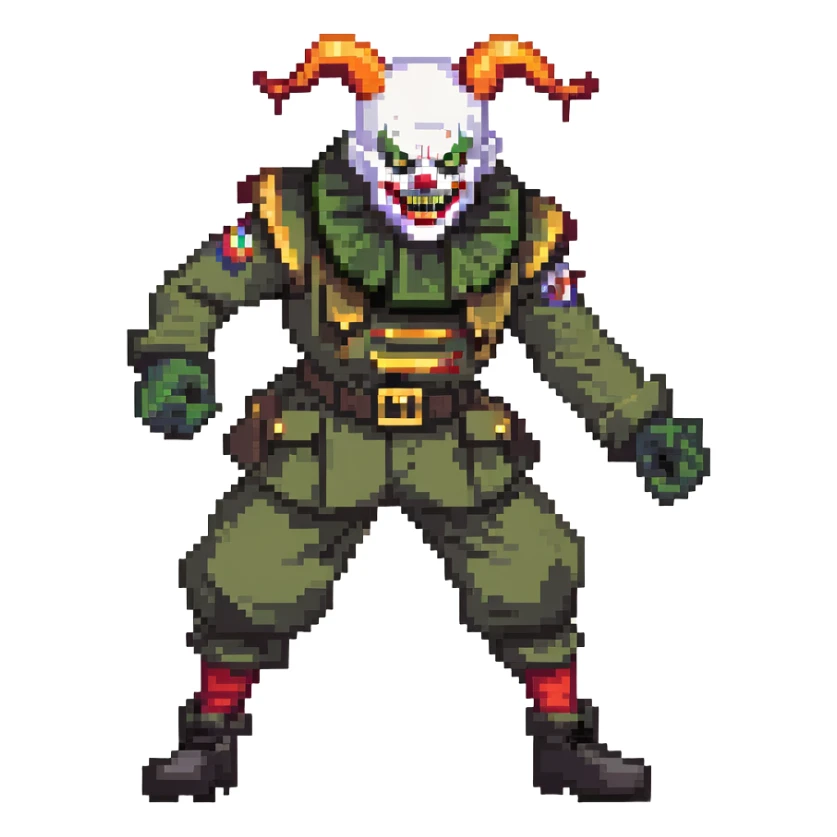 evil clown soldier, bald, short devil horns on forehead, fangs, pointed ears, black and military green clothes, fighting stance sticker