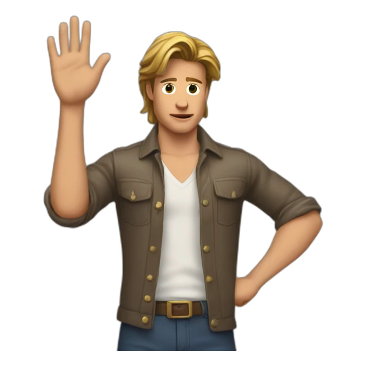 Bradd pitt's with uncertainty,shoulders raised upwards in a classic 'I don't know' gesture. Both of his hands should be raised, palms facing upwards, emphasizing this gesture sticker
