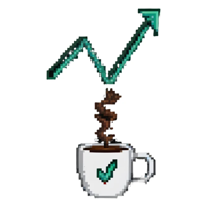 a cup of coffee with a rising stock market arrow sticker
