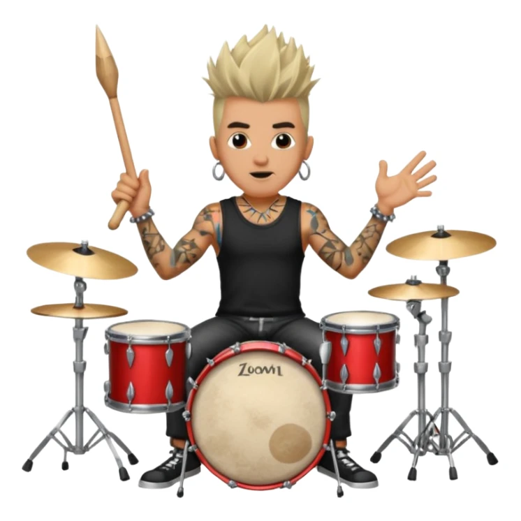vintage rock drummer, aged, singing passionately, spiked hair, tattoos, drum set, spotlight, retro concert vibe sticker