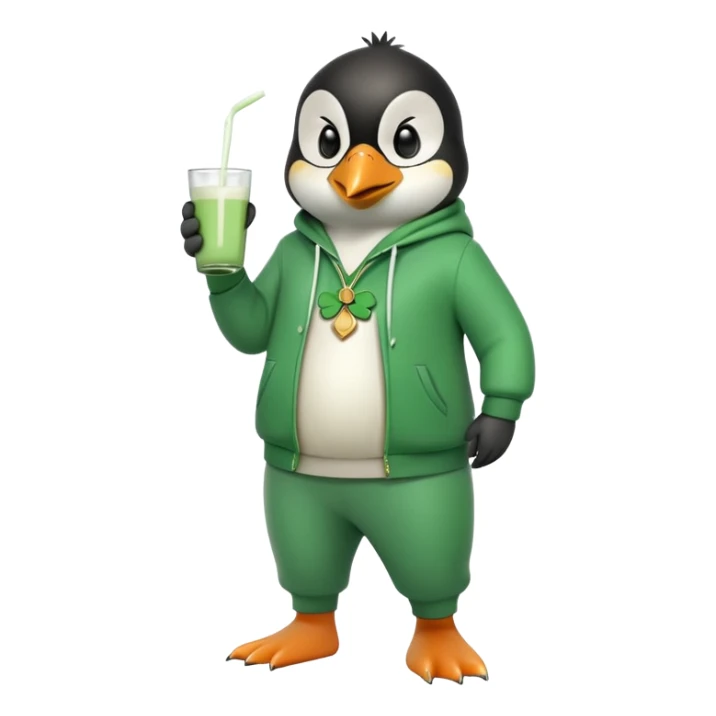 full body friendly anthropomorphised penguin wearing green mafia-style tracksuit, angry intense brooding posture, holding glass of milk, shamrock accessory sticker