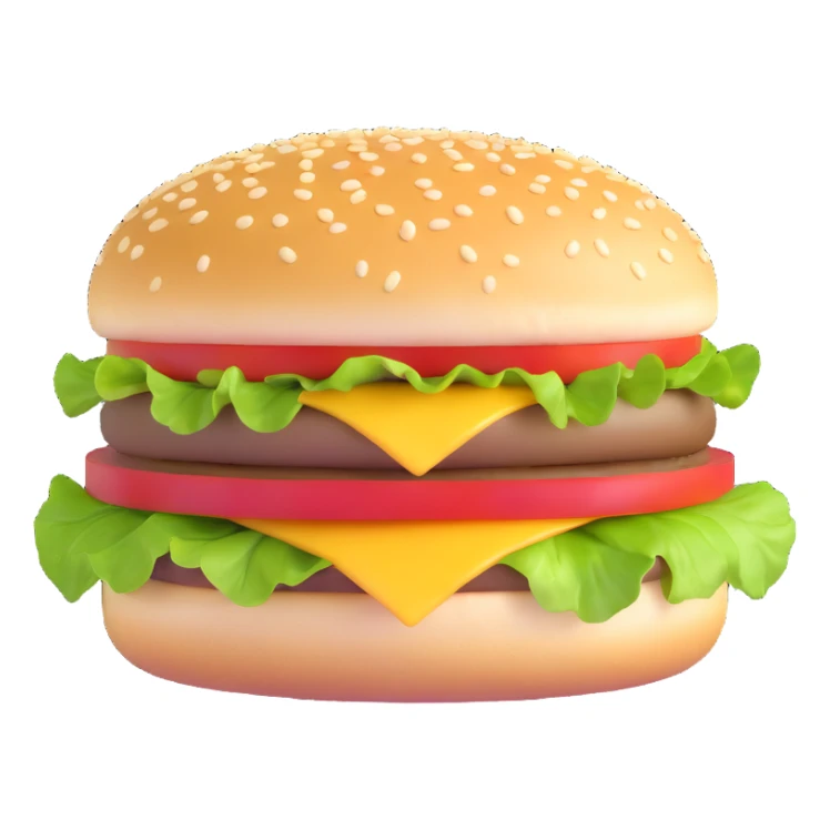 cheeseburger with sesame seed bun, lettuce, tomato, cheese, and patty sticker
