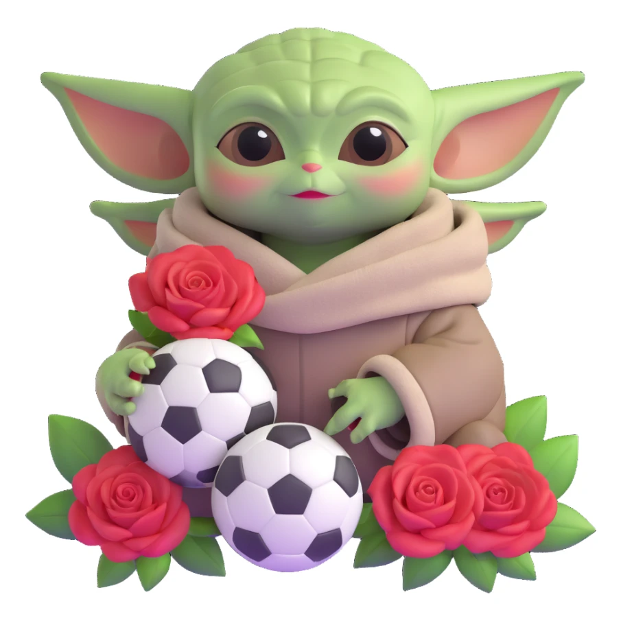 baby yoda holding soccer ball with roses sticker