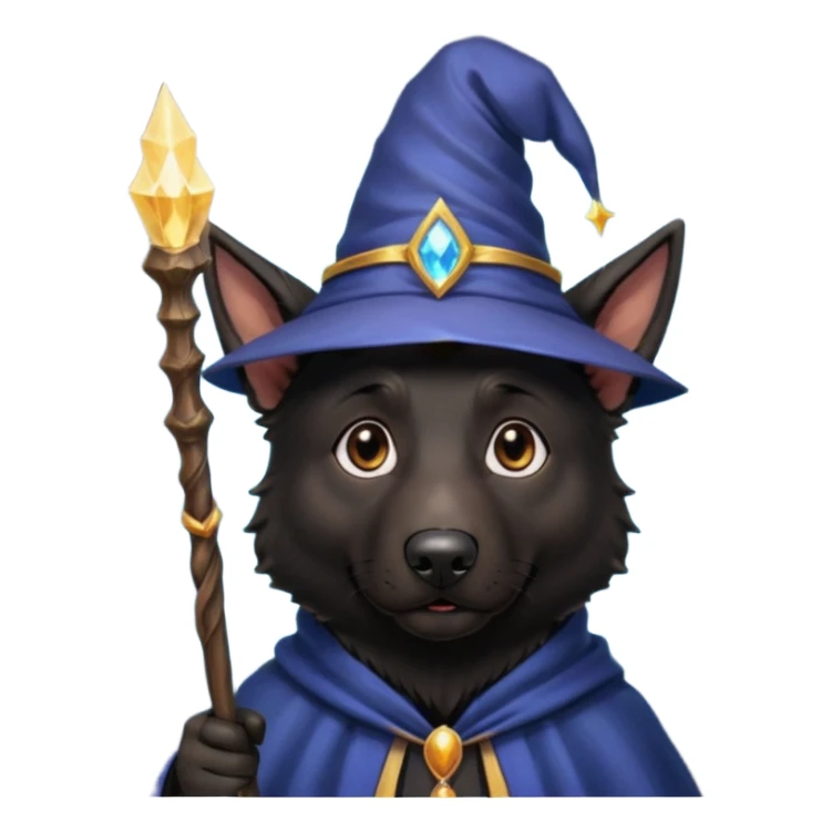 all black german shepherd face wearing a wizard hat and staff and magic emmiting from him sticker