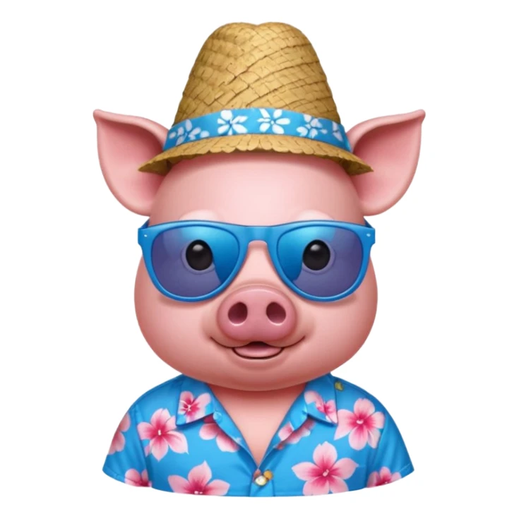 Pig with blue aloha shirt, birthday hat, sunglasses sticker