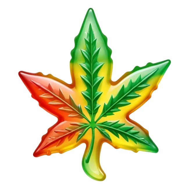 marijuana leaf-shaped gusher gummy bright colors bite mark with liquid oozing out sticker
