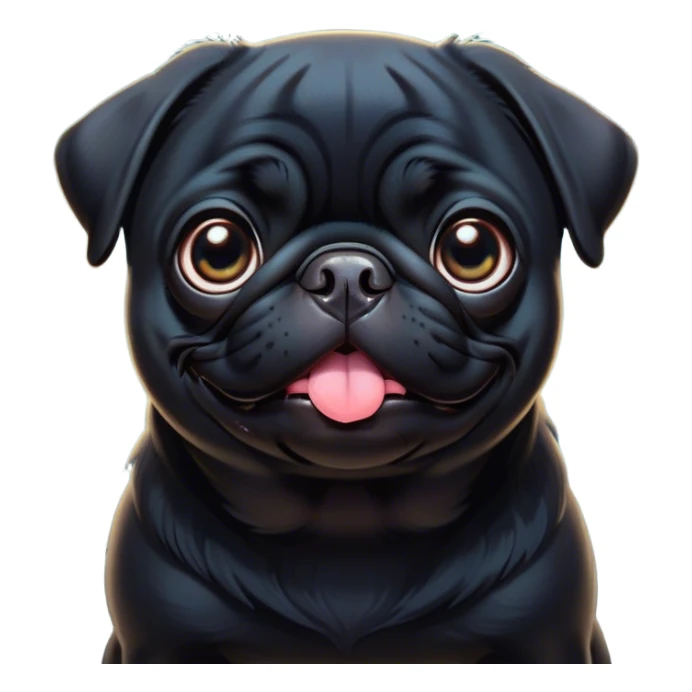 Cinematic Comical Black Pug Portrait Emoji, Head tilted dramatically with an exaggeratedly amused expression, featuring a sleek black coat with a glossy finish, wide, expressive dark eyes filled with playful disbelief, Simplified yet hilariously expressive features, highly detailed, glowing with a slightly sassy glow, high shine, dramatic yet playful, stylized with an air of cheeky mischief, bright and endearing, soft glowing outline, capturing the essence of a spirited and over-the-top companion, so meme-worthy it feels like it could side-eye its way into internet fame instantly! sticker