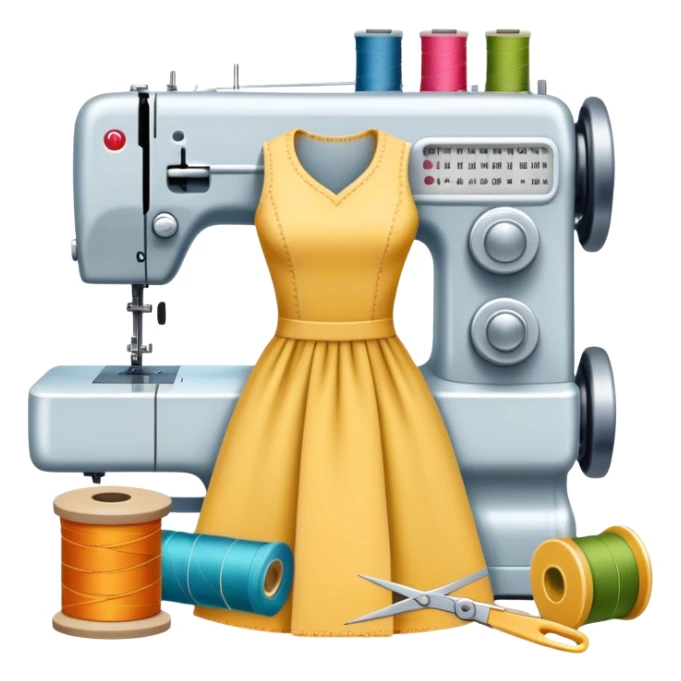 Sewing icon, measuring tape, pins, scissors, and a dress in progress, sewing machine with thread, visible needle, spools of thread, fabric pieces cut according to patterns, minimalistic style, clean lines, transparent background. sticker
